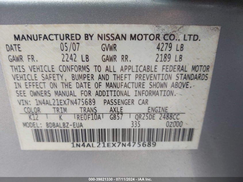 2007 Nissan Altima 2.5 S VIN: 1N4AL21EX7N475689 Lot: 39821330