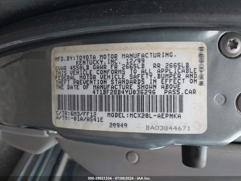 2000 Toyota Avalon Xl VIN: 4T1BF28B4YU036296 Lot: 39821334