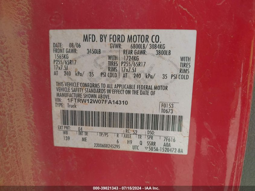 2007 Ford F-150 Xlt VIN: 1FTRW12W07FA14310 Lot: 39821343