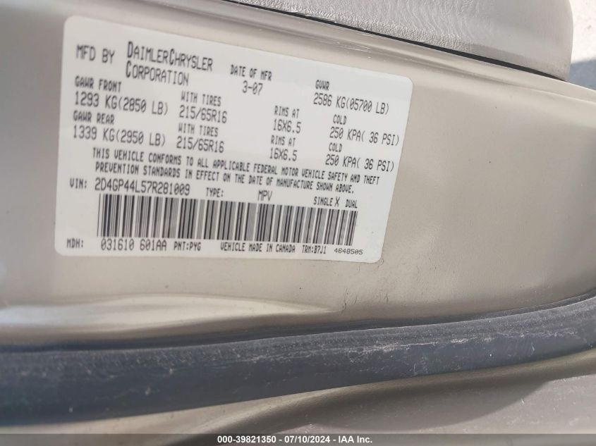 2D4GP44L57R281009 2007 Dodge Grand Caravan Sxt