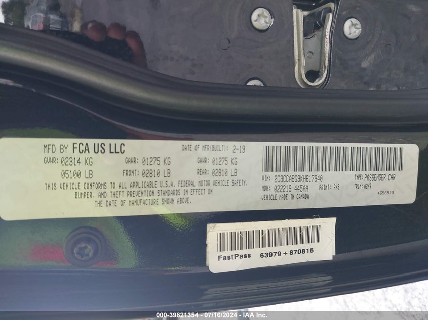 VIN 2C3CCABG9KH617940 2019 CHRYSLER 300 300S