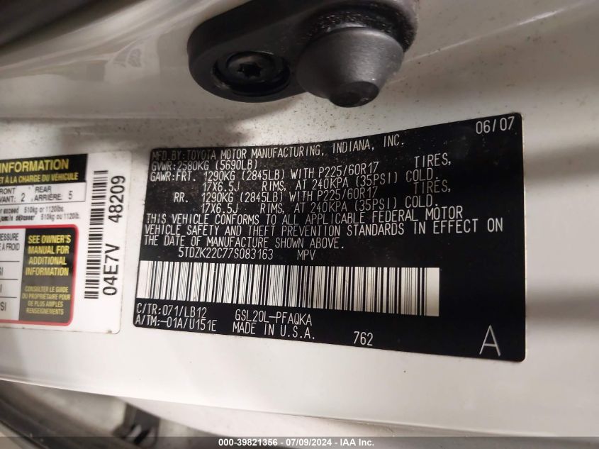 2007 Toyota Sienna Xle VIN: 5TDZK22C77S083163 Lot: 39821356