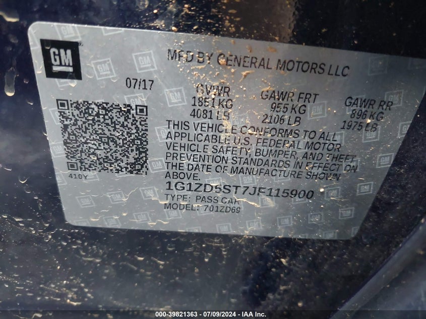 2018 Chevrolet Malibu Lt VIN: 1G1ZD5ST7JF115900 Lot: 39821363