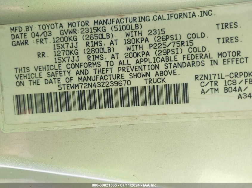 2003 Toyota Tacoma VIN: 5TEWM72N43Z239670 Lot: 39821365