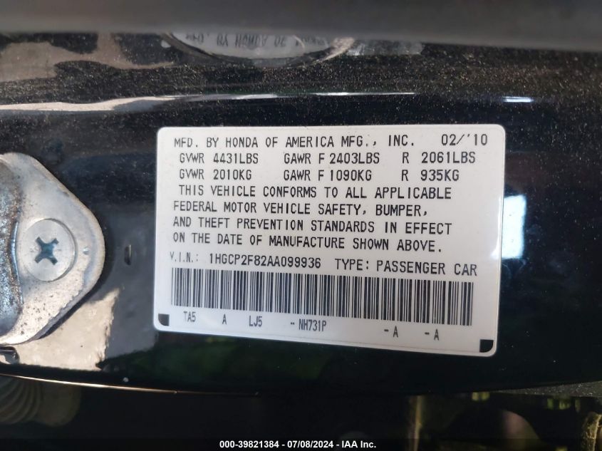 1HGCP2F82AA099936 | 2010 HONDA ACCORD