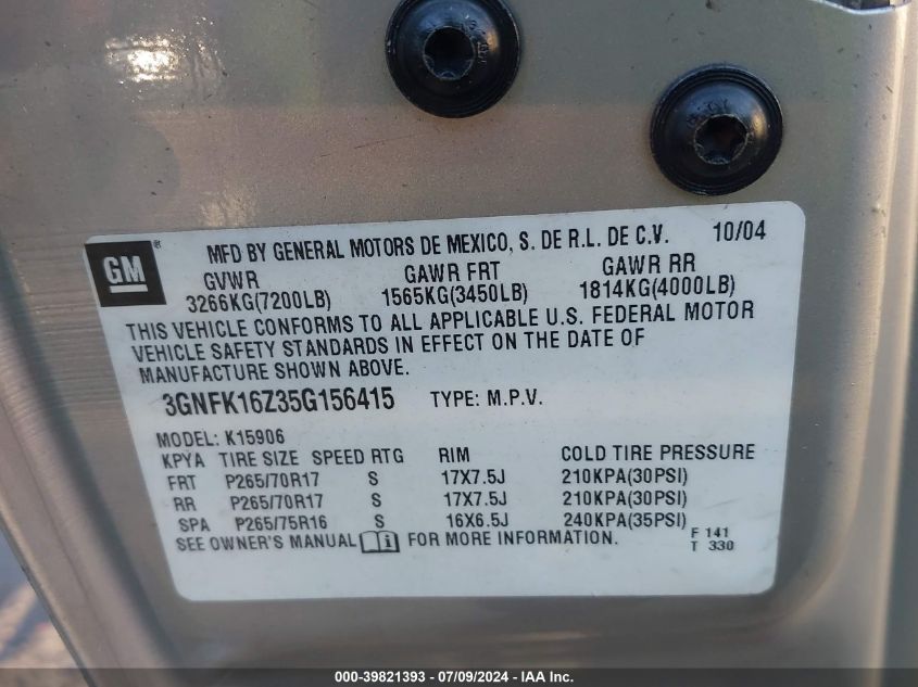 2005 Chevrolet Suburban 1500 Z71 VIN: 3GNFK16Z35G156415 Lot: 39821393