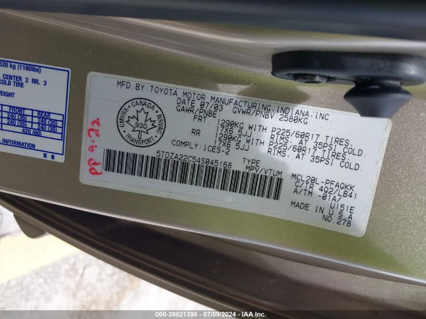 2004 Toyota Sienna Xle/Xle Limited VIN: 5TDZA22C54S045168 Lot: 39821395