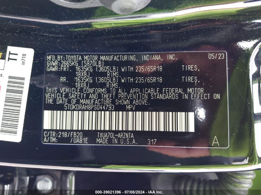 2023 Toyota Highlander L VIN: 5TDKDRAH8PS044793 Lot: 39821396