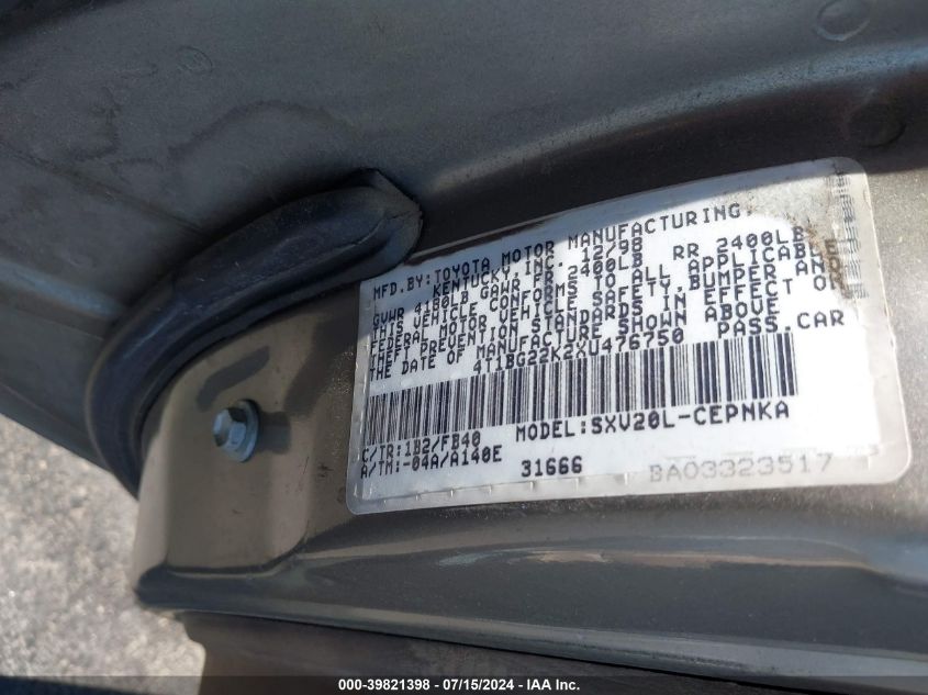 1999 Toyota Camry Le VIN: 4T1BG22K2XU476750 Lot: 39821398