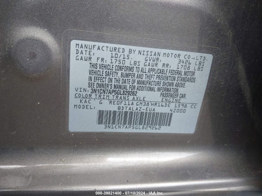 2016 Nissan Versa 1.6 S+ VIN: 3N1CN7AP5GL829262 Lot: 39821400