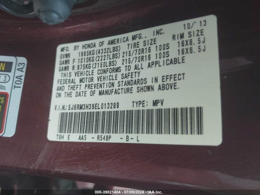 2014 Honda Cr-V Lx VIN: 5J6RM3H39EL013289 Lot: 39821404