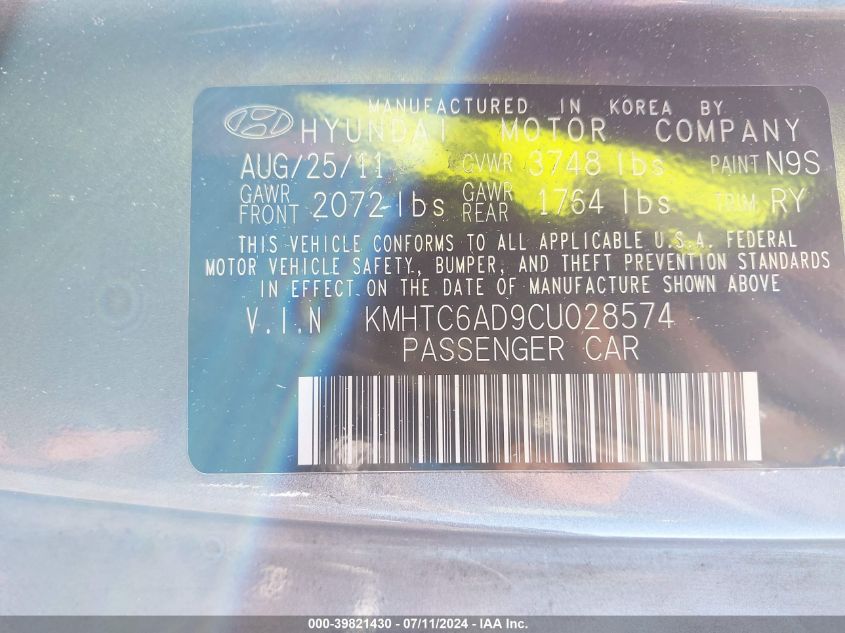 2012 Hyundai Veloster Base W/Black VIN: KMHTC6AD9CU028574 Lot: 39821430