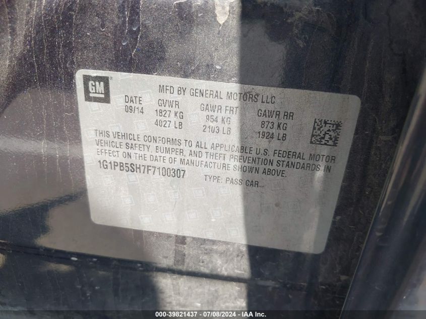 2015 Chevrolet Cruze Ls VIN: 1G1PB5SH7F7100307 Lot: 39821437