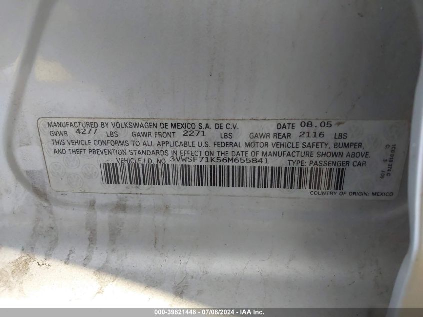 2006 Volkswagen Jetta 2.5 VIN: 3VWSF71K56M655841 Lot: 39821448