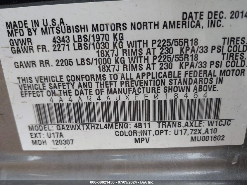 2015 Mitsubishi Outlander Sport Se VIN: 4A4AR4AUXFE018464 Lot: 39821456