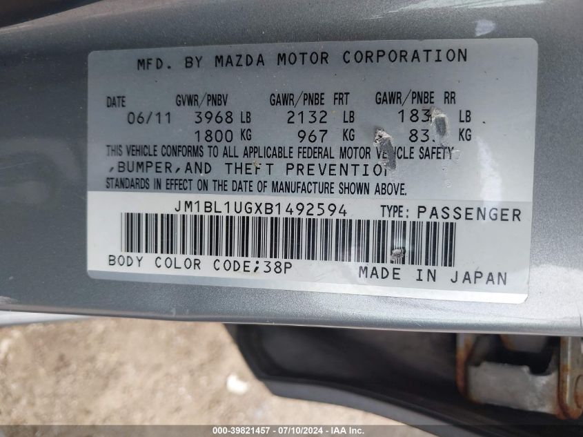 2011 Mazda Mazda3 I Sport VIN: JM1BL1UGXB1492594 Lot: 39821457