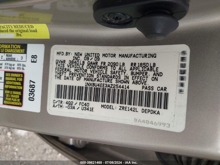 2010 Toyota Corolla Le VIN: 1NXBU4EE3AZ254414 Lot: 39821468