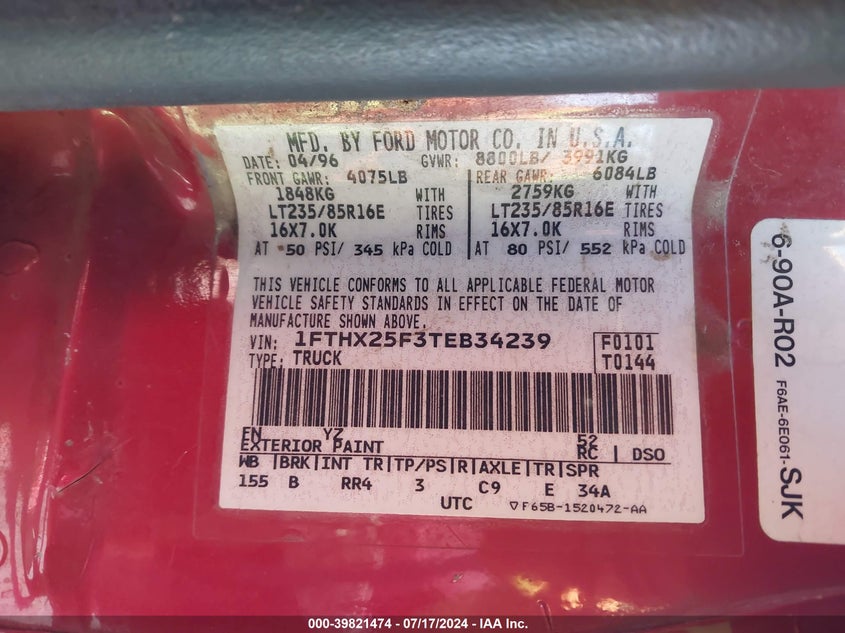 1996 Ford F250 VIN: 1FTHX25F3TEB34239 Lot: 39821474