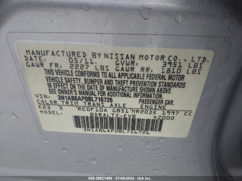 2011 Nissan Sentra 2.0Sr VIN: 3N1AB6AP0BL716726 Lot: 39821486