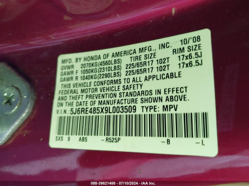 2009 Honda Cr-V Ex VIN: 5J6RE485X9L003509 Lot: 39821488