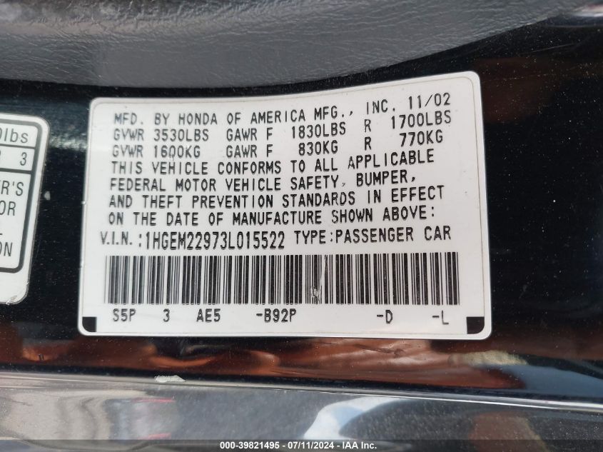 2003 Honda Civic Ex VIN: 1HGEM22973L015522 Lot: 39821495