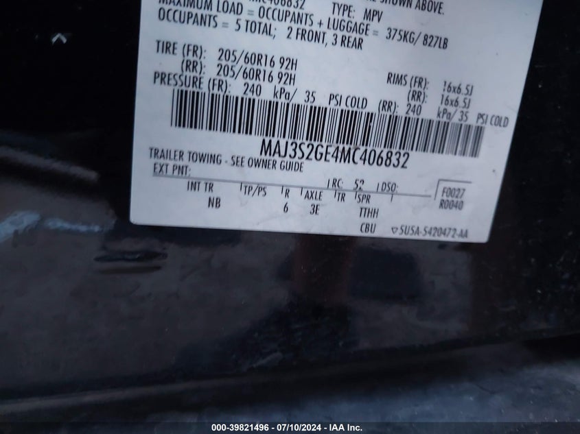 VIN MAJ3S2GE4MC406832 2021 FORD ECOSPORT SE