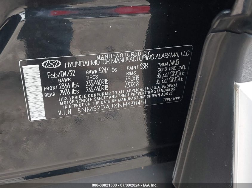 2022 Hyundai Santa Fe Sel VIN: 5NMS2DAJXNH430451 Lot: 39821500