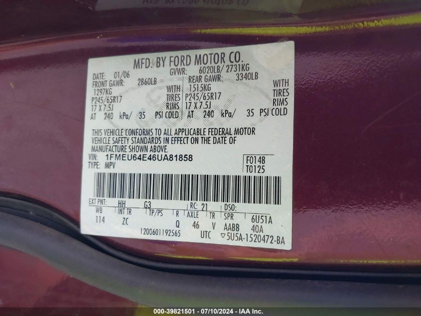 2006 Ford Explorer Eddie Bauer VIN: 1FMEU64E46UA81858 Lot: 39821501