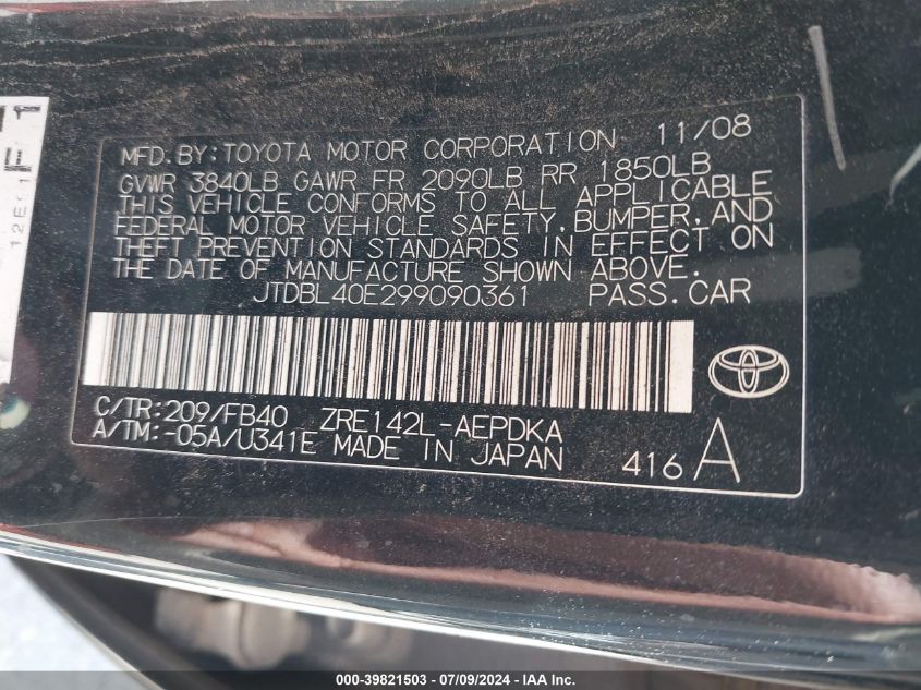 2009 Toyota Corolla Le VIN: JTDBL40E299090361 Lot: 39821503