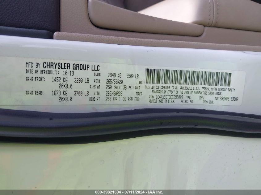 2014 Jeep Grand Cherokee Overland VIN: 1C4RJECT9EC295080 Lot: 39821504