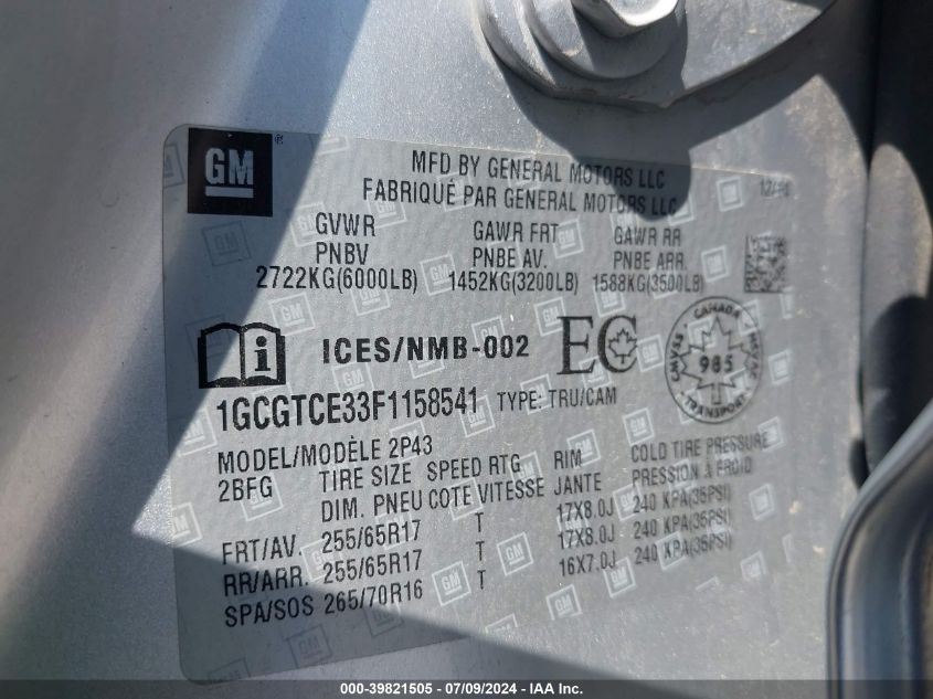 2015 Chevrolet Colorado Z71 VIN: 1GCGTCE33F1158541 Lot: 39821505