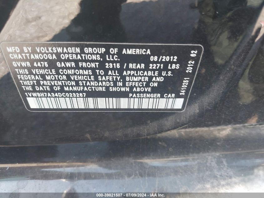 2013 Volkswagen Passat 2.5L Se VIN: 1VWBH7A34DC023267 Lot: 39821507