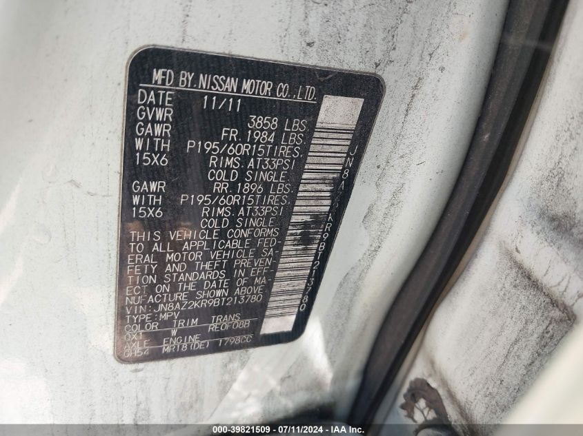 2011 Nissan Cube 1.8S VIN: JN8AZ2KR9BT213780 Lot: 39821509