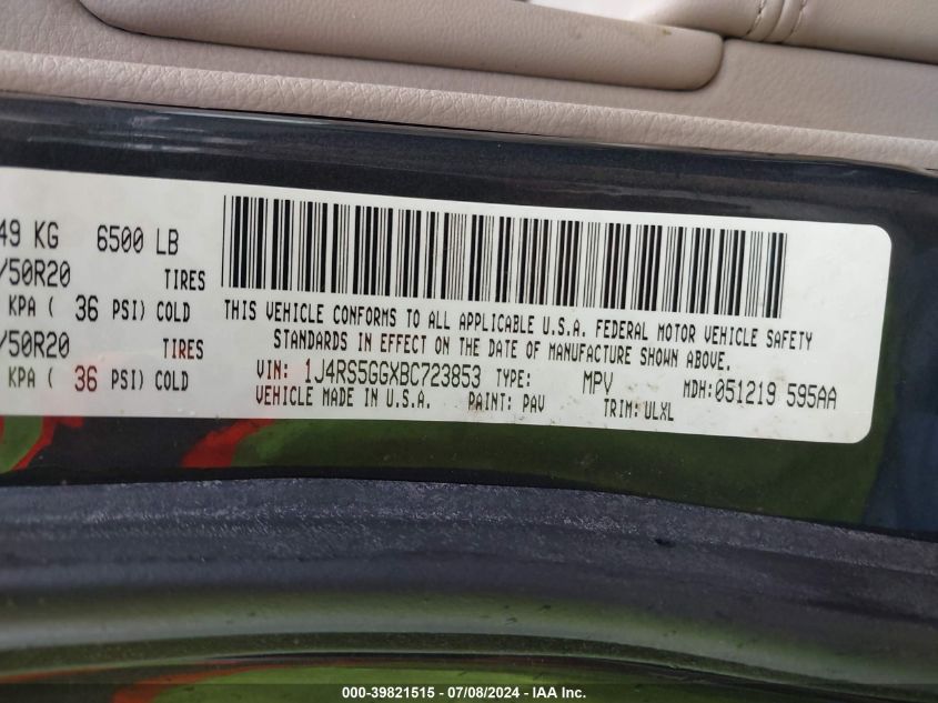 2011 Jeep Grand Cherokee Limited VIN: 1J4RS5GGXBC723853 Lot: 39821515