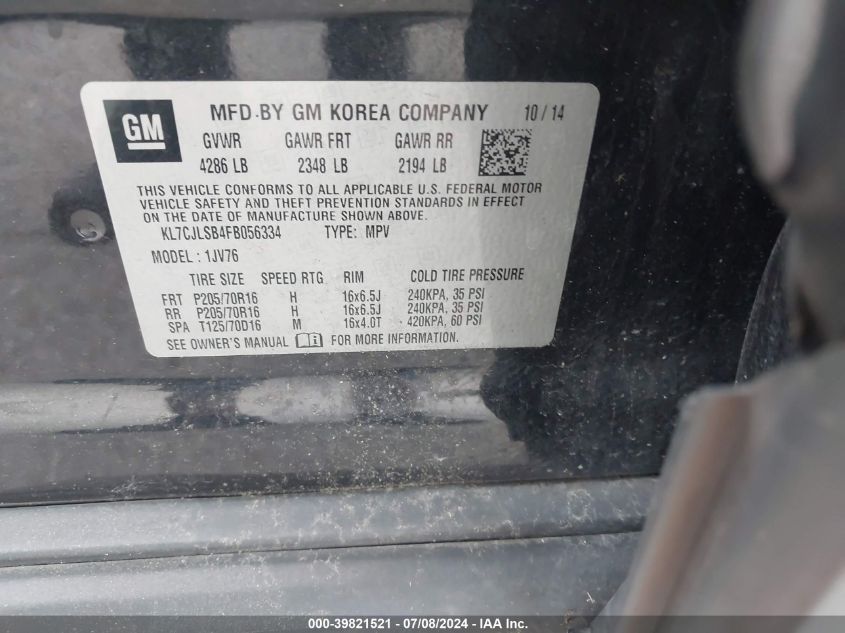 2015 Chevrolet Trax Lt VIN: KL7CJLSB4FB056334 Lot: 39821521