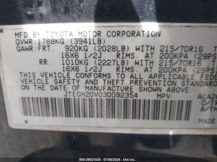 2003 Toyota Rav4 VIN: JTEGH20V030092354 Lot: 39821530