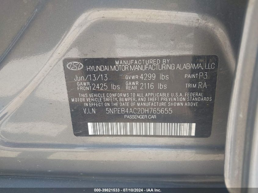 2013 Hyundai Sonata Gls VIN: 5NPEB4AC2DH765655 Lot: 39821533