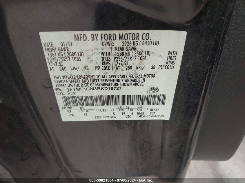 2011 Ford F-150 Xl VIN: 1FTMF1CM3BKD19727 Lot: 39821534