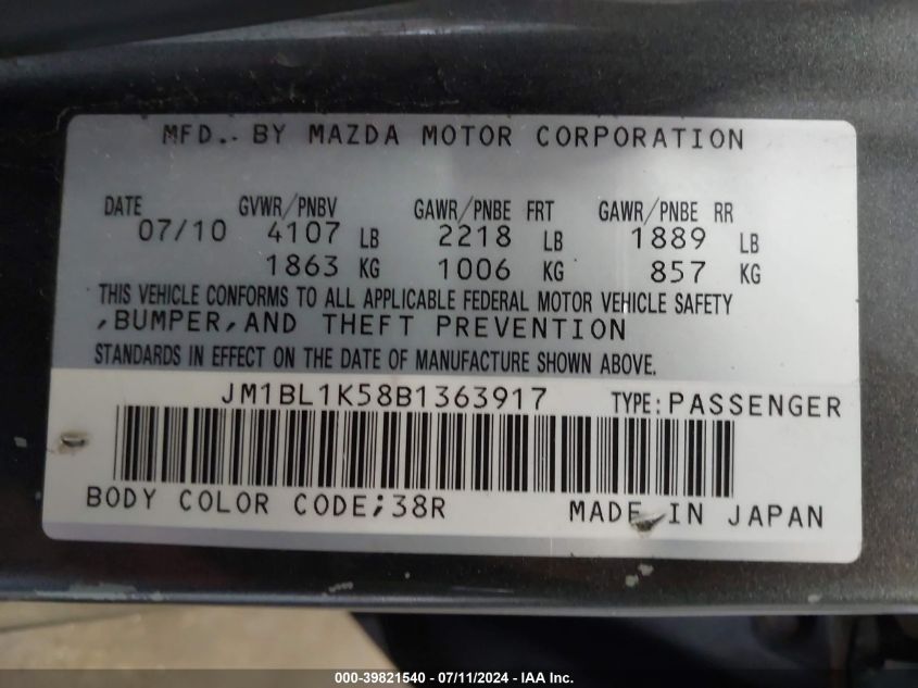 2011 Mazda Mazda3 S Sport VIN: JM1BL1K58B1363917 Lot: 39821540