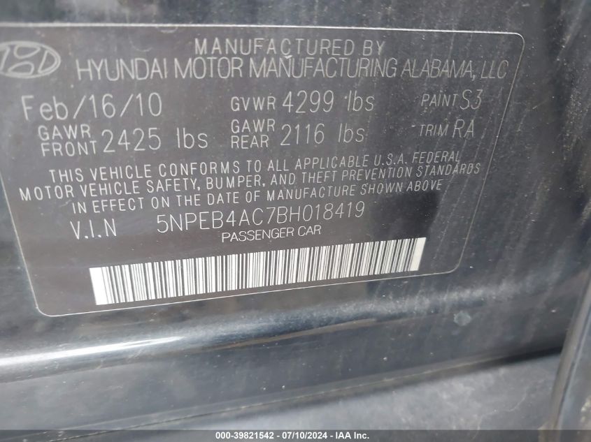 5NPEB4AC7BH018419 2011 Hyundai Sonata Gls