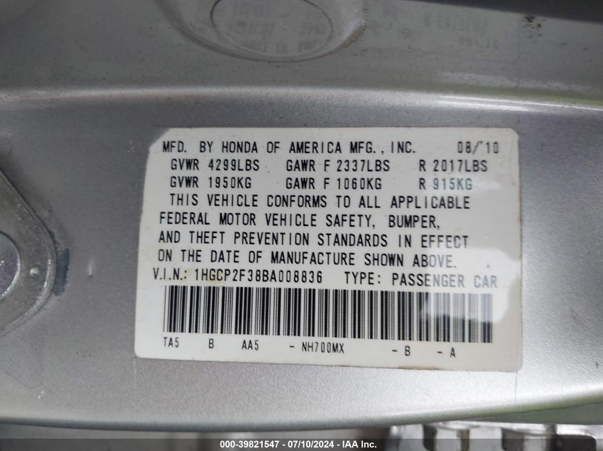 2011 Honda Accord Lx VIN: 1HGCP2F38BA008836 Lot: 39821547