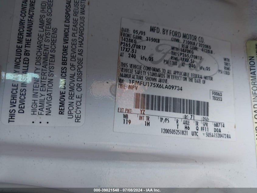 2006 Ford Expedition Eddie Bauer/King Ranch VIN: 1FMFU175X6LA09734 Lot: 39821548