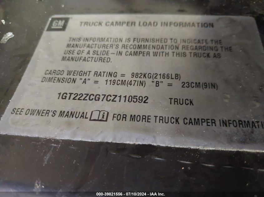 2012 GMC Sierra K2500 Heavy Duty VIN: 1GT22ZCG7CZ110592 Lot: 39821556