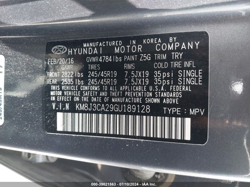 2016 Hyundai Tucson Sport VIN: KM8J3CA29GU189128 Lot: 39821563