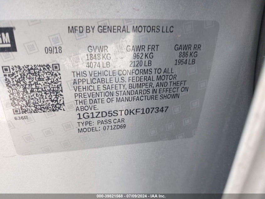 2019 Chevrolet Malibu Lt VIN: 1G1ZD5ST0KF107347 Lot: 39821568