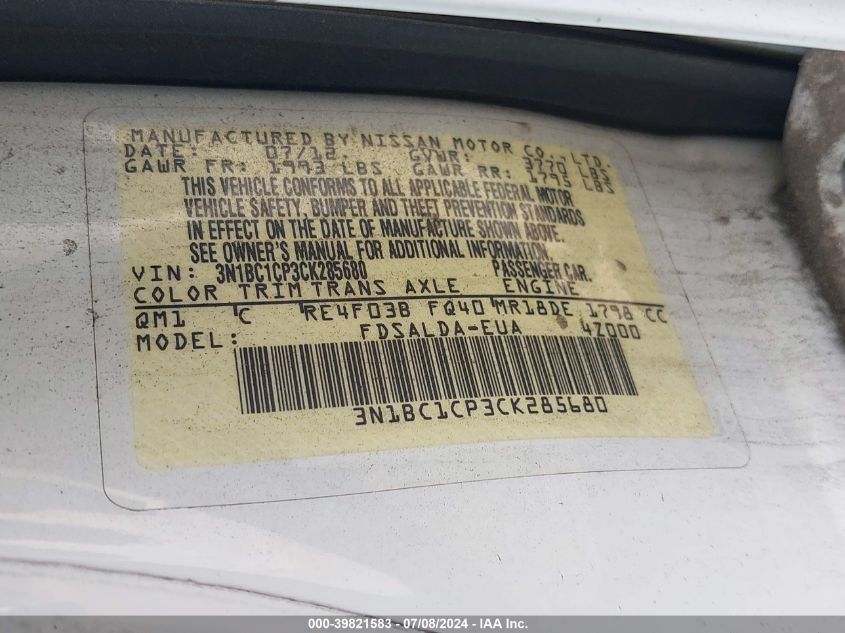 2012 Nissan Versa 1.8 S VIN: 3N1BC1CP3CK285680 Lot: 39821583