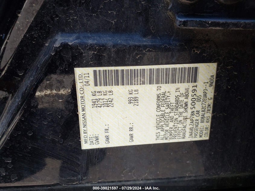 2011 Nissan Altima 2.5 S VIN: 1N4AL2AP7BN500591 Lot: 39821597