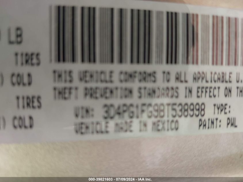 2011 Dodge Journey Mainstreet VIN: 3D4PG1FG9BT538998 Lot: 39821603