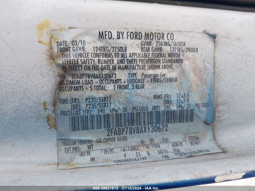 2010 Ford Crown Victoria Police Interceptor VIN: 2FABP7BV8AX130672 Lot: 39821615