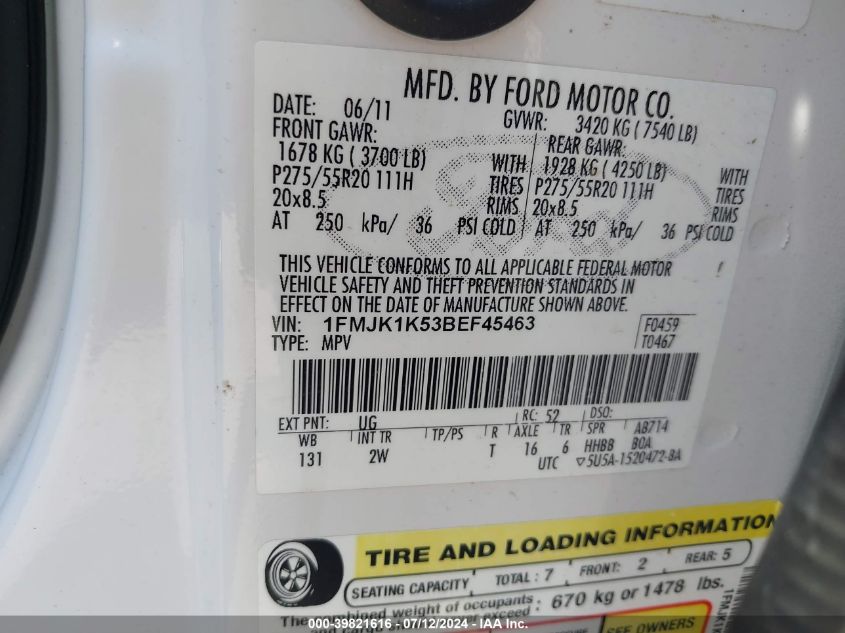 2011 Ford Expedition El Limited VIN: 1FMJK1K53BEF45463 Lot: 39821616